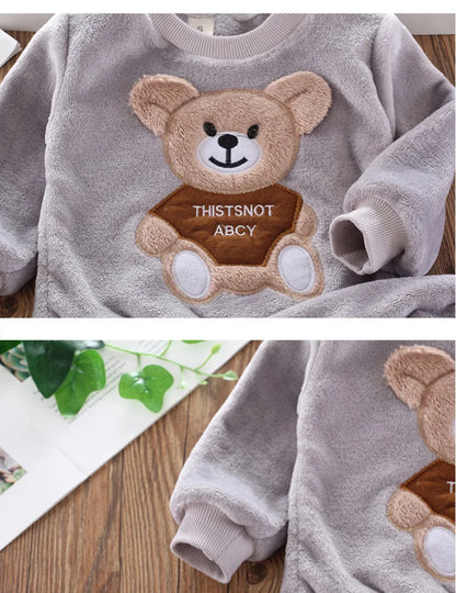 Baby & Barn Flanell Pyjamas Set – Tecknad Björn Fleece Mjuk Unisex Höst/Vinter Storlek 80–130 (1–6 år)