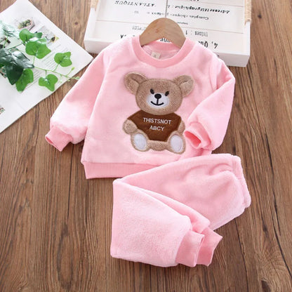 Baby & Barn Flanell Pyjamas Set – Tecknad Björn Fleece Mjuk Unisex Höst/Vinter Storlek 80–130 (1–6 år)