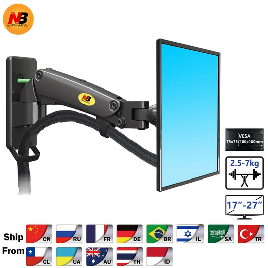 NORTHBAYOU F120 Gasfjäder Skärmarm Aluminium – 17–27 Tum 2–7kg -50°~+30° 180° 360° VESA 75x75 100x100 Svart Matt Kol