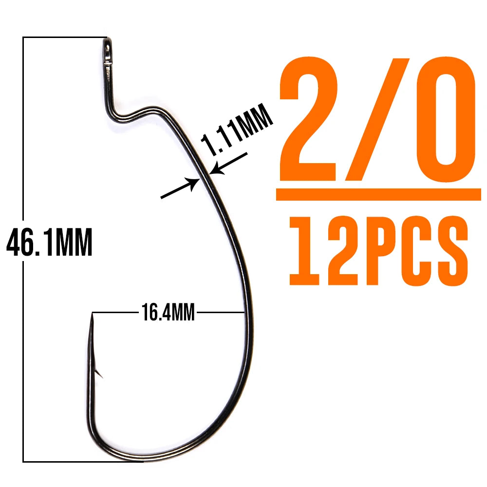 B&U Thin Wire Offset EWG Worm Hook with big rings Carbon Steel Crank Hooks Fishing Accessories For Soft lure tackle 12pcs
