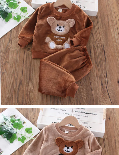 Baby & Barn Flanell Pyjamas Set – Tecknad Björn Fleece Mjuk Unisex Höst/Vinter Storlek 80–130 (1–6 år)