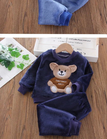 Baby & Barn Flanell Pyjamas Set – Tecknad Björn Fleece Mjuk Unisex Höst/Vinter Storlek 80–130 (1–6 år)