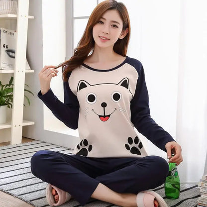 Dam Pyjamas Höst & Vinter – Långärmad Bomull, Söt Tecknad Design, 9 Färger M–XXL