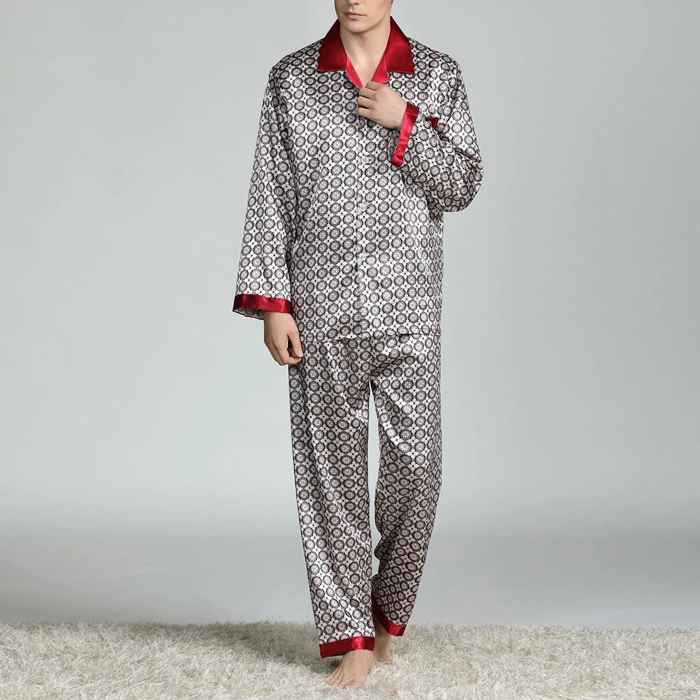 Pyjamasset herr med satinkänsla – långärmat med krage, G21090841, L–3XL