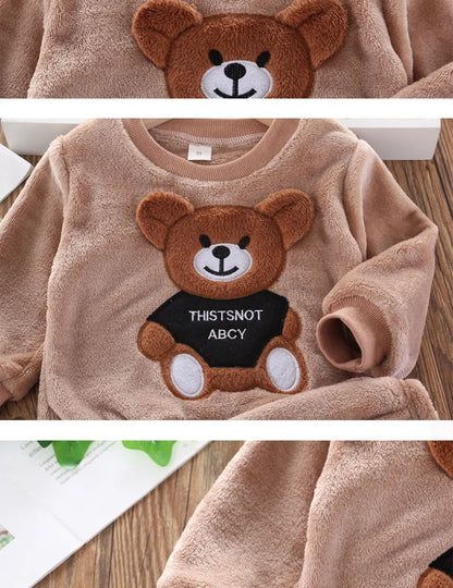 Baby & Barn Flanell Pyjamas Set – Tecknad Björn Fleece Mjuk Unisex Höst/Vinter Storlek 80–130 (1–6 år)