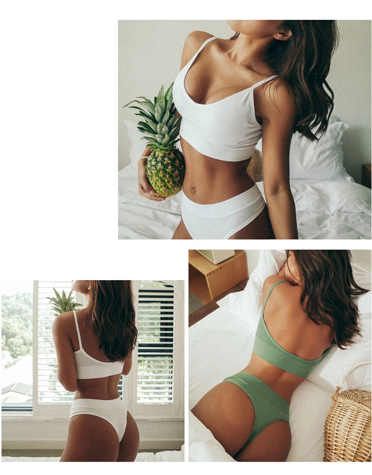 CINOON Dam Sömlös BH & Stringtrosa Set – Bygellös Bralette, Bomull, Osynlig Komfort