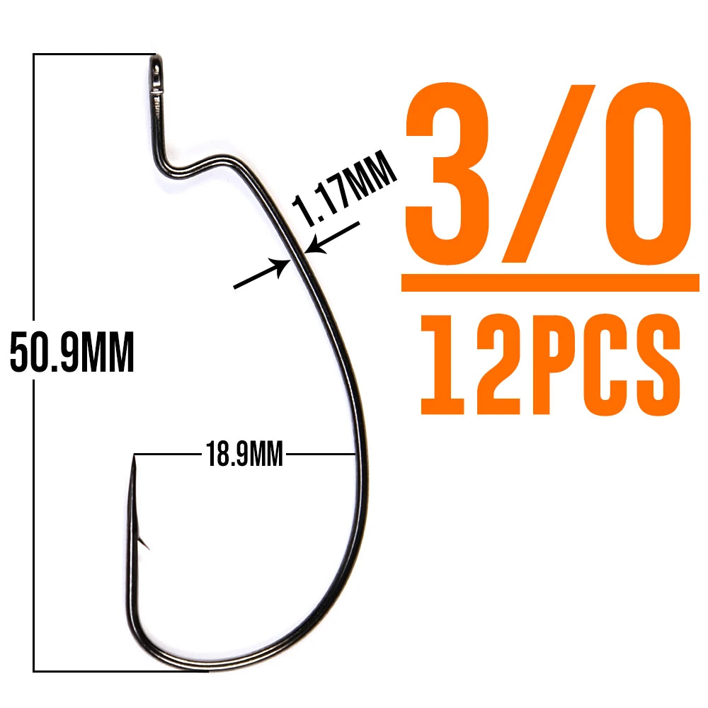 B&U Thin Wire Offset EWG Worm Hook with big rings Carbon Steel Crank Hooks Fishing Accessories For Soft lure tackle 12pcs