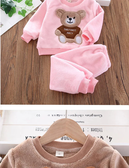 Baby & Barn Flanell Pyjamas Set – Tecknad Björn Fleece Mjuk Unisex Höst/Vinter Storlek 80–130 (1–6 år)