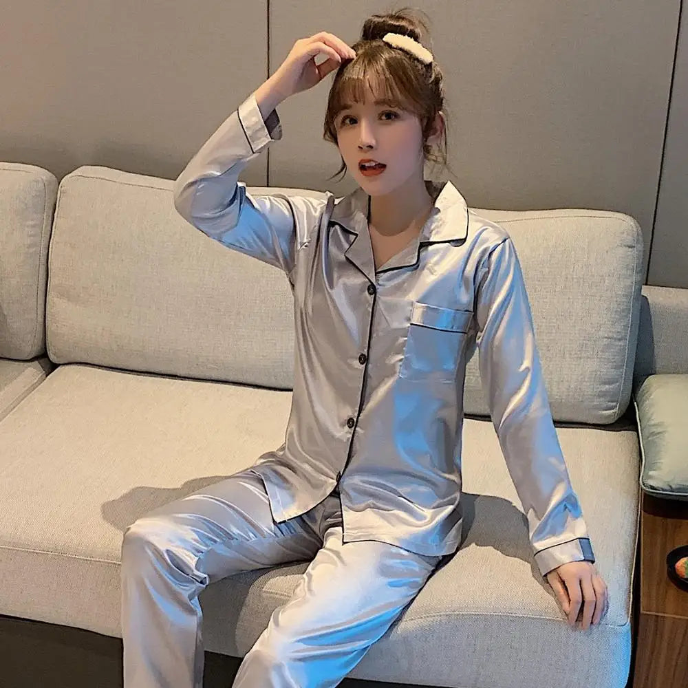 Song of Silk pyjamasset med satinkänsla – långärmad överdel och byxor, M–3XL