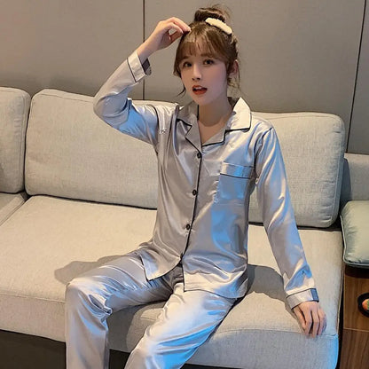 Song of Silk pyjamasset med satinkänsla – långärmad överdel och byxor, M–3XL