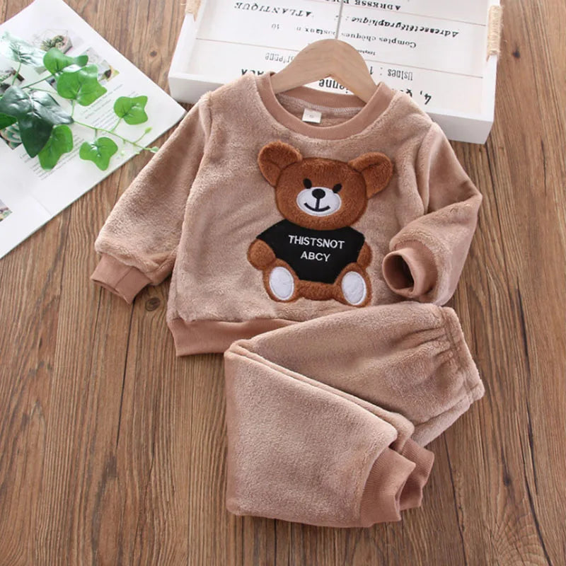 Baby & Barn Flanell Pyjamas Set – Tecknad Björn Fleece Mjuk Unisex Höst/Vinter Storlek 80–130 (1–6 år)