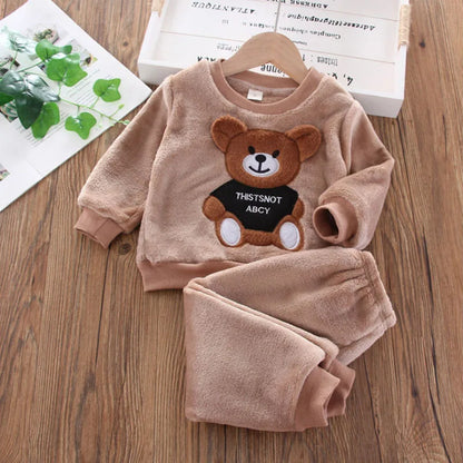 Baby & Barn Flanell Pyjamas Set – Tecknad Björn Fleece Mjuk Unisex Höst/Vinter Storlek 80–130 (1–6 år)