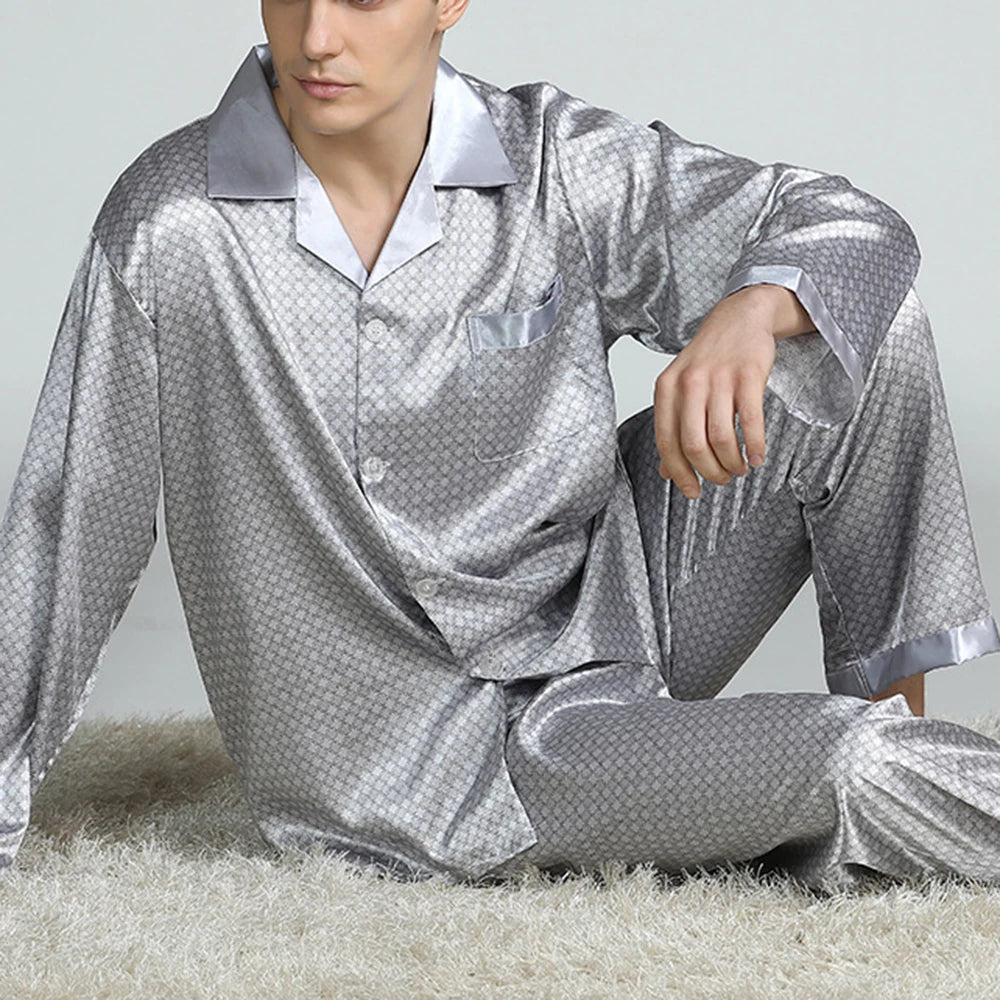 Pyjamasset herr med satinkänsla – långärmat med krage, G21090841, L–3XL