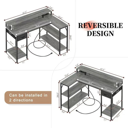 PAMRAY L-Shaped Corner Desk 109cm Reversible Shelves Bookshelf Wood Surface Metal PC Gaming Study Work Table for Bedroom Black