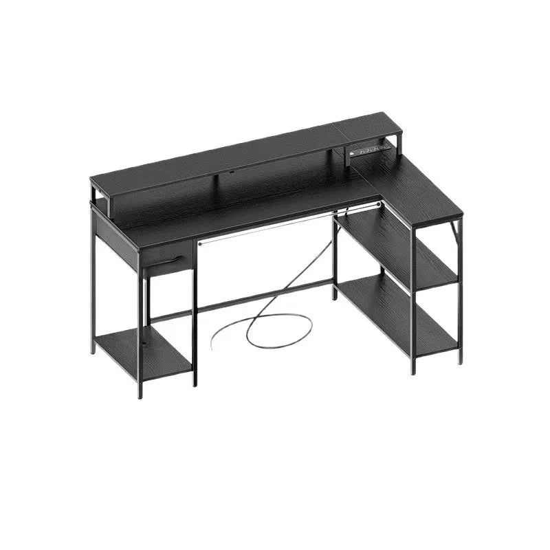 PAMRAY L-Shaped Corner Desk 109cm Reversible Shelves Bookshelf Wood Surface Metal PC Gaming Study Work Table for Bedroom Black