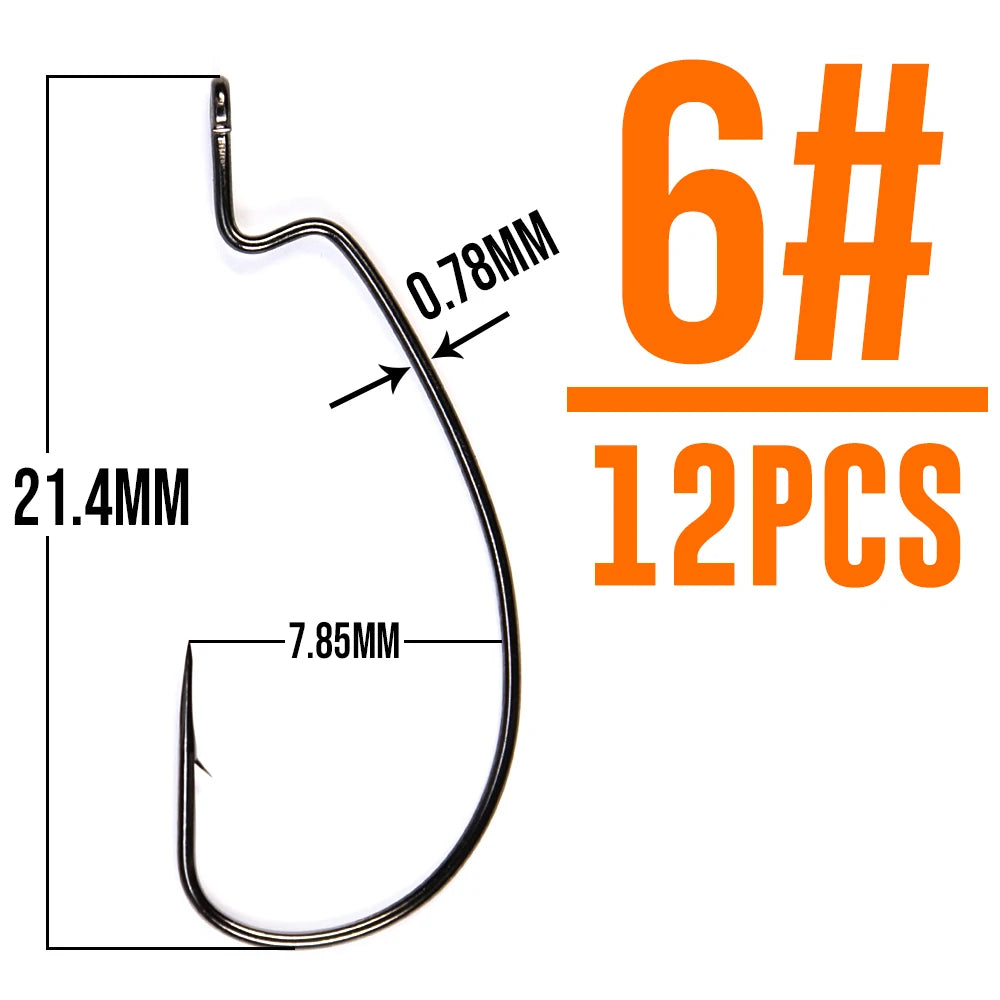 B&U Thin Wire Offset EWG Worm Hook with big rings Carbon Steel Crank Hooks Fishing Accessories For Soft lure tackle 12pcs