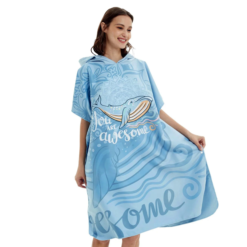 HOTMANGO Microfiber Poncho Towel Surf Beach Wetsuit Changing Towel Bath Robe with Hood,Watersports Activities,Adults Men Women