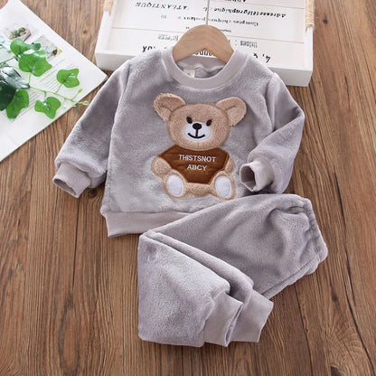 Baby & Barn Flanell Pyjamas Set – Tecknad Björn Fleece Mjuk Unisex Höst/Vinter Storlek 80–130 (1–6 år)