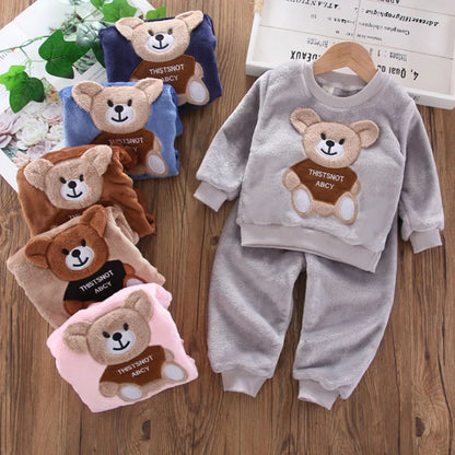Baby & Barn Flanell Pyjamas Set – Tecknad Björn Fleece Mjuk Unisex Höst/Vinter Storlek 80–130 (1–6 år)