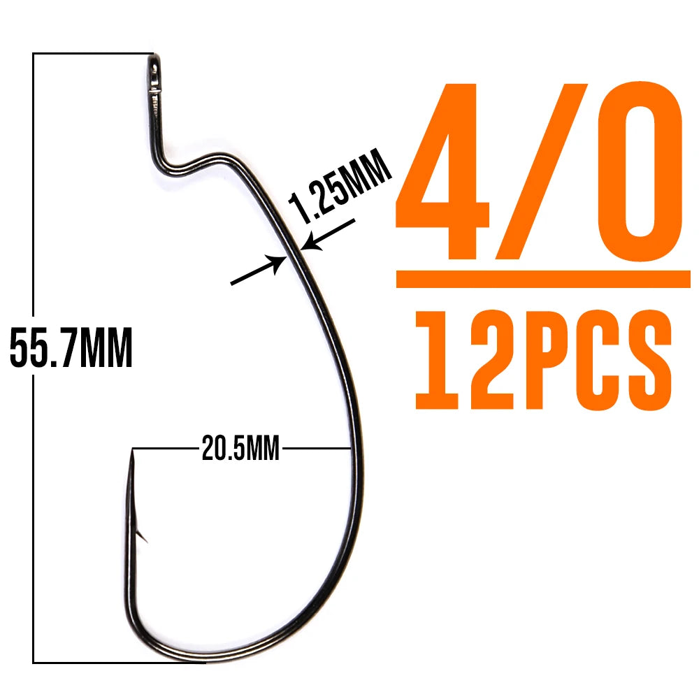 B&U Thin Wire Offset EWG Worm Hook with big rings Carbon Steel Crank Hooks Fishing Accessories For Soft lure tackle 12pcs