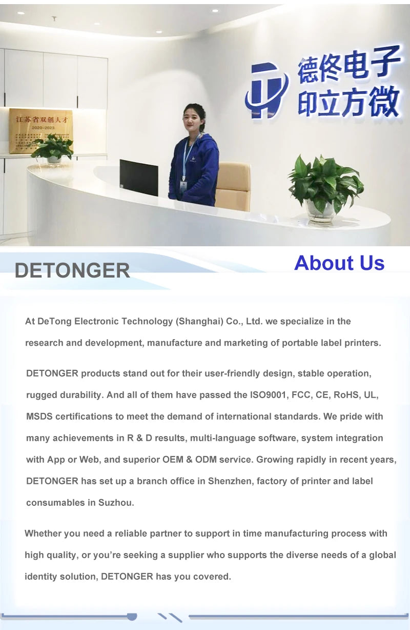 DETONGER DP30S Portabel Termisk Skrivare – 28–80mm Bluetooth OLED IP54 1500mAh Streckkod Etikett Android iOS 2026