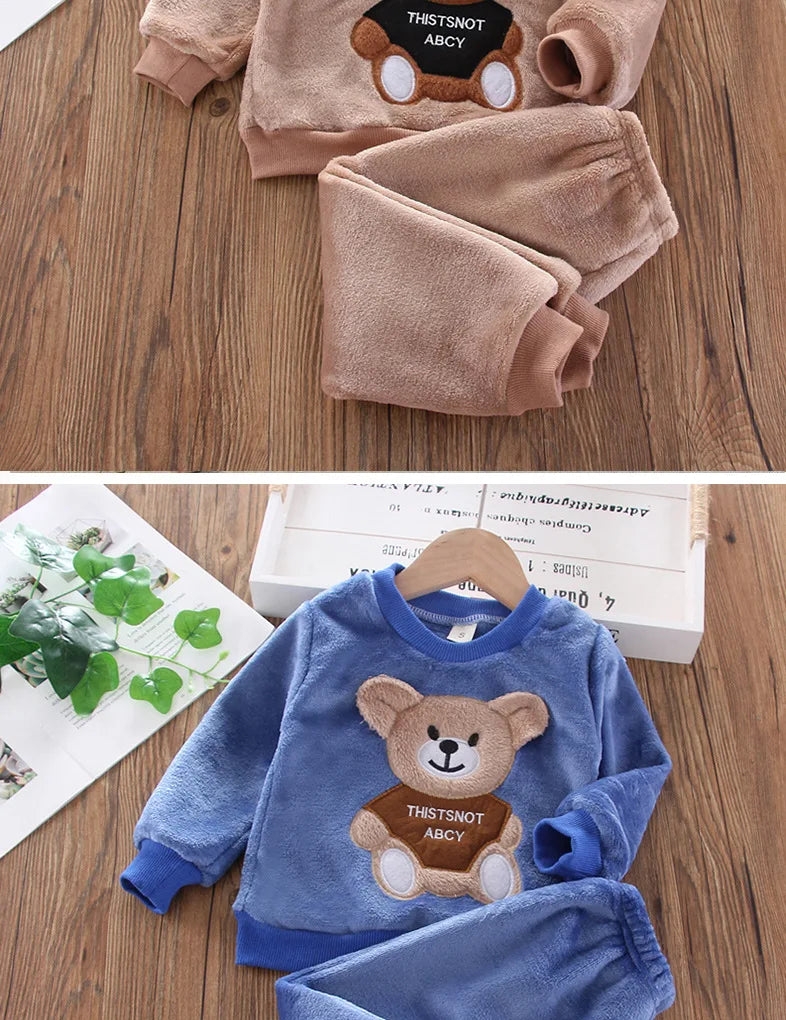 Baby & Barn Flanell Pyjamas Set – Tecknad Björn Fleece Mjuk Unisex Höst/Vinter Storlek 80–130 (1–6 år)