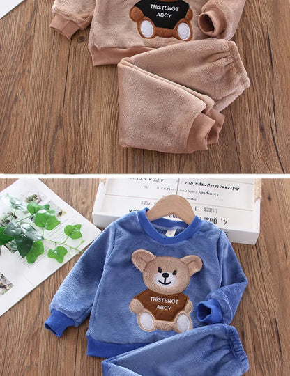 Baby & Barn Flanell Pyjamas Set – Tecknad Björn Fleece Mjuk Unisex Höst/Vinter Storlek 80–130 (1–6 år)
