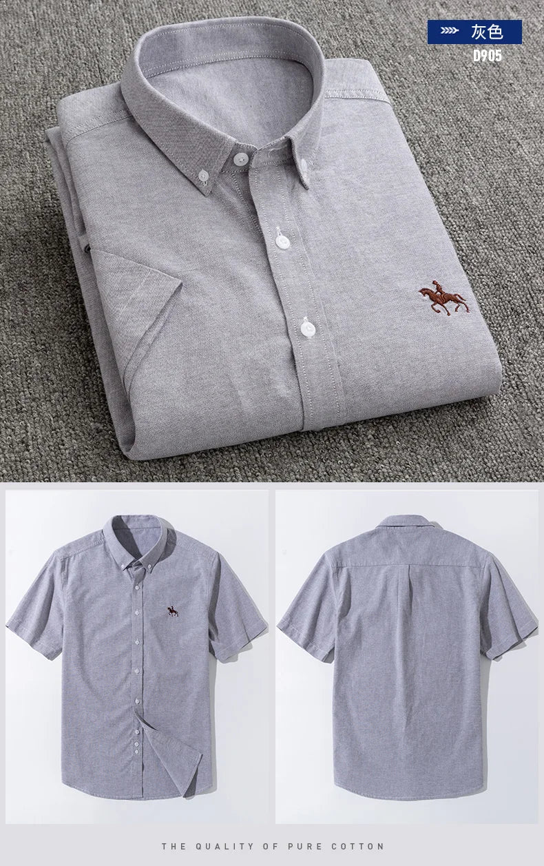 Summer 100% Cotton Oxford Men's Dress Shirts White Short Sleeve Embroidery Soft Comfortable Slim Fit Business Man Casual Shirts