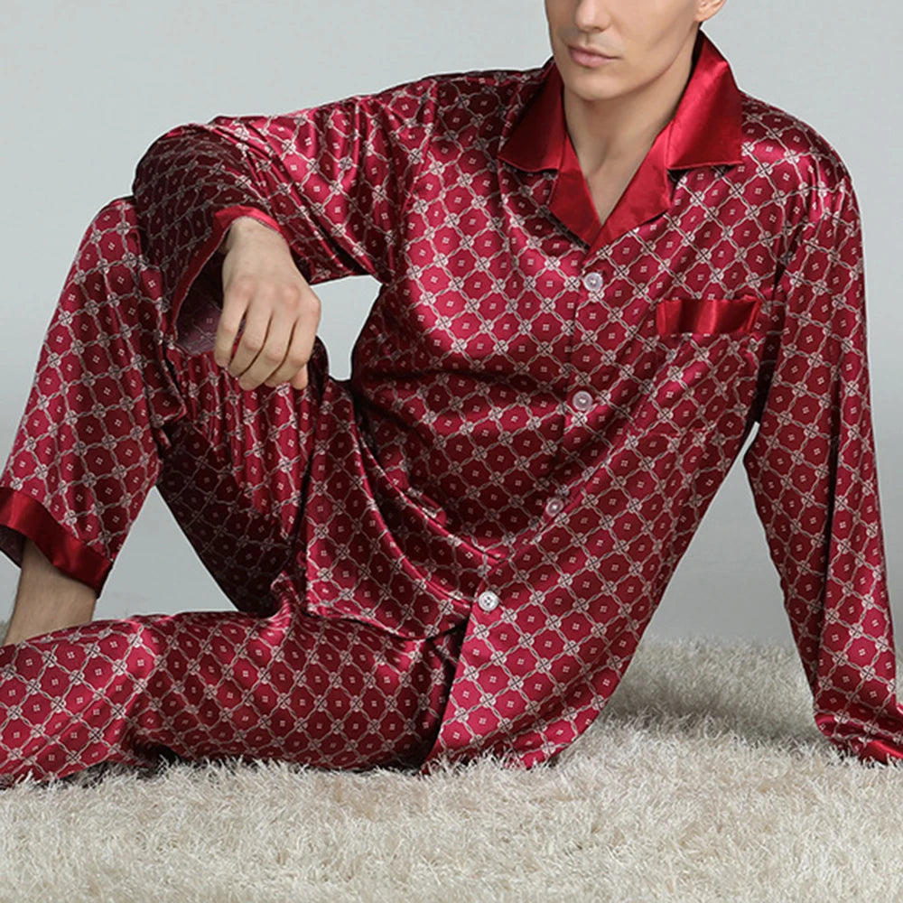 Pyjamasset herr med satinkänsla – långärmat med krage, G21090841, L–3XL