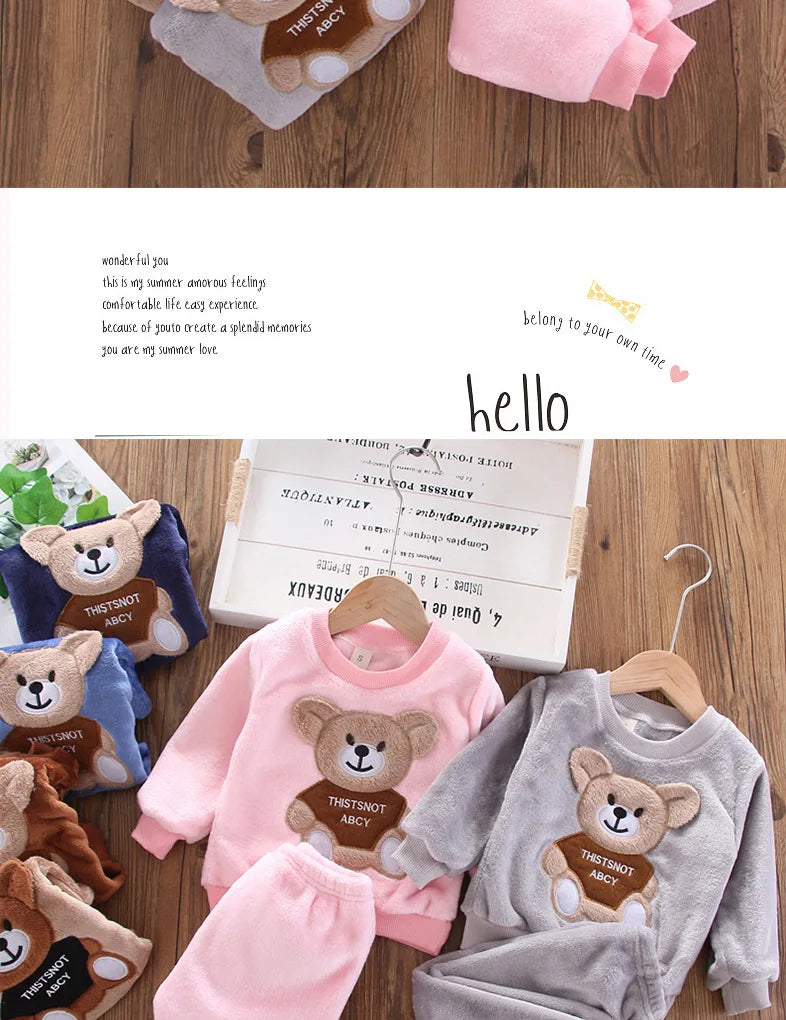 Baby & Barn Flanell Pyjamas Set – Tecknad Björn Fleece Mjuk Unisex Höst/Vinter Storlek 80–130 (1–6 år)