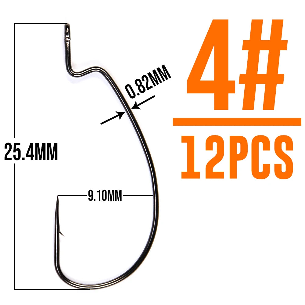 B&U Thin Wire Offset EWG Worm Hook with big rings Carbon Steel Crank Hooks Fishing Accessories For Soft lure tackle 12pcs