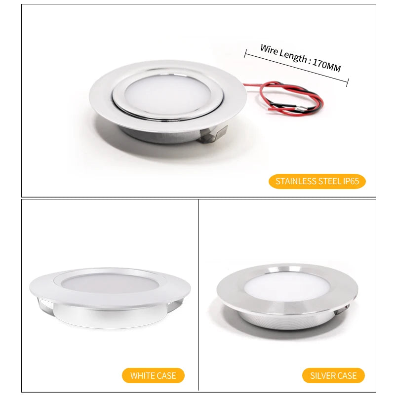 Ultratunn LED Downlight IP65 – 3W, DC 12V/24V, Varmvit/Neutralvit/Kallvit, Svart/Vit/Silver/Rostfritt, Husbil & Badrum