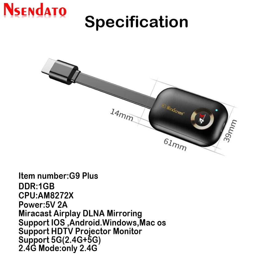 Mirascreen G9 Plus 2.4G/5G 4K Miracast Wifi for DLNA AirPlay HD TV Stick Wifi Display Dongle Receiver for IOS Android Windows