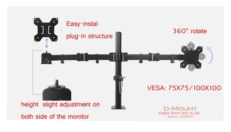 DL-MS02 Desktop Stand Full Motion 360 Degree Steel Dual Monitor Holder 10'-27' Clamp Base Monitor Mount Arm Loading 9.9kgs