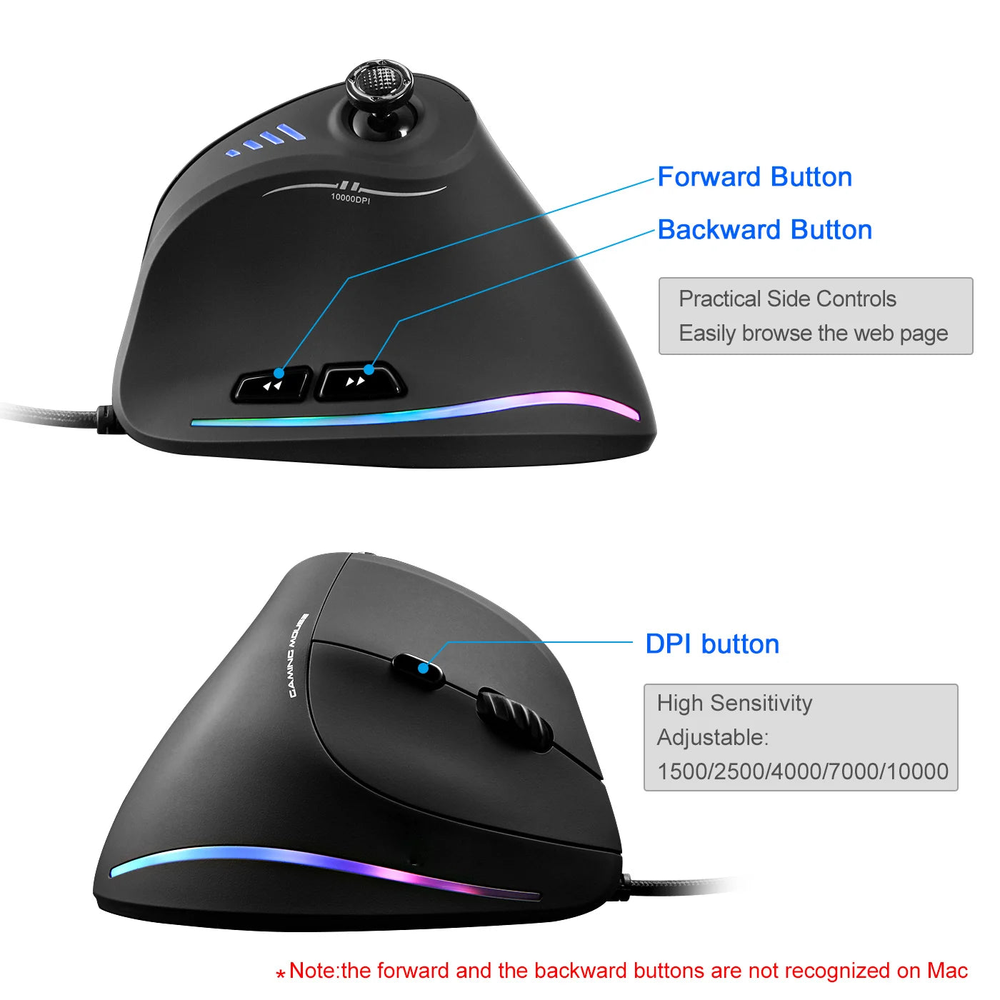 ZELOTES C18 Wired Mouse Vertical Ergonomic Mouse RGB Joysticks Programmable Laser Gaming Mice 10000 DPI For PC Computer Gamer
