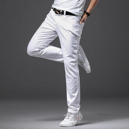 Vita slim fit-jeans för herr – mjuk stretch-denim, casual och business