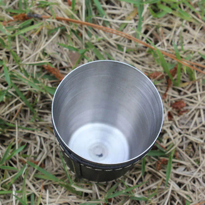 Rostfria Campingkoppar 4-pack med Läderfodral – 30/70/170ml, Kaffe, Vin & Whisky, Friluftsliv
