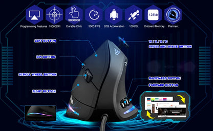 ZELOTES C18 Wired Mouse Vertical Ergonomic Mouse RGB Joysticks Programmable Laser Gaming Mice 10000 DPI For PC Computer Gamer