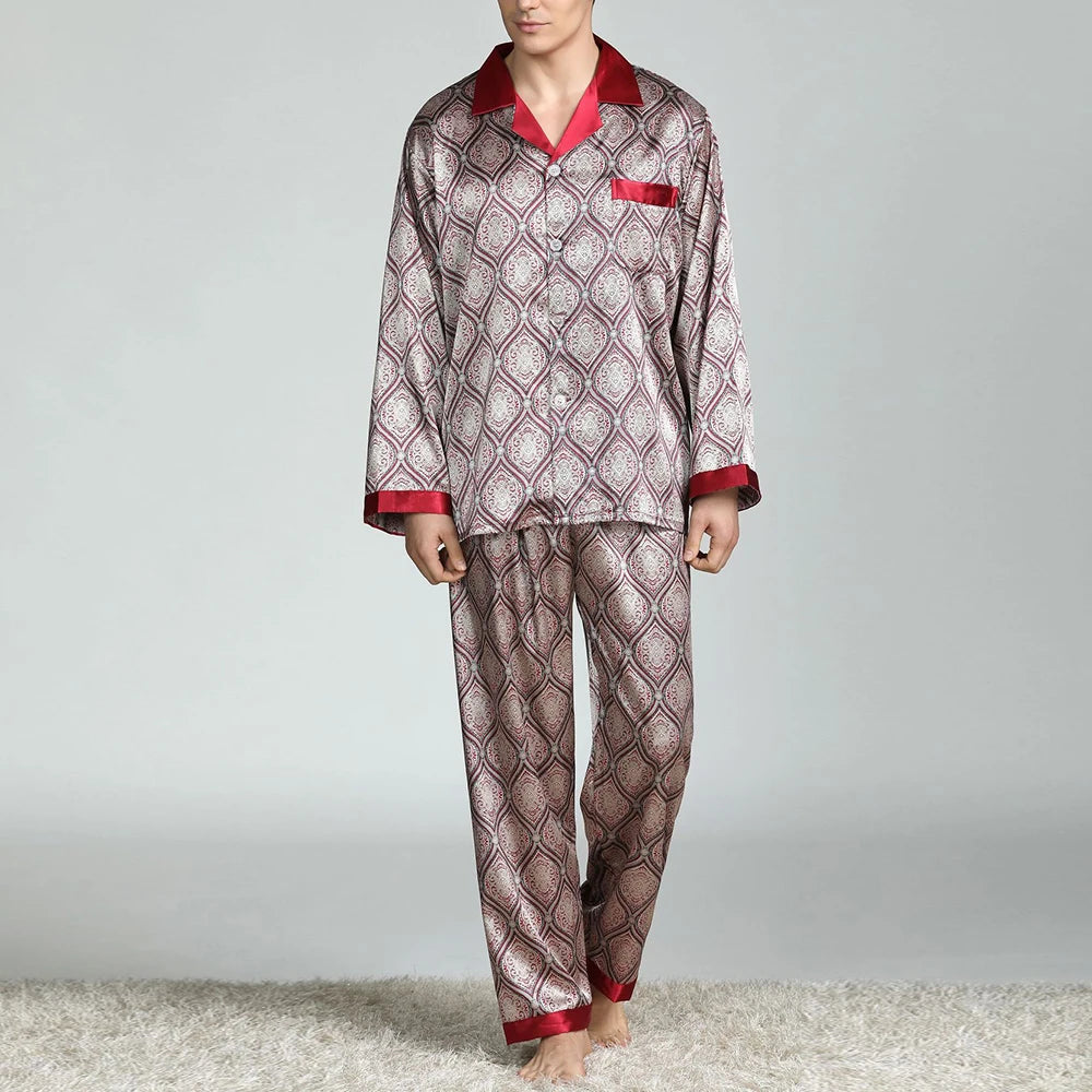 Pyjamasset herr med satinkänsla – långärmat med krage, G21090841, L–3XL