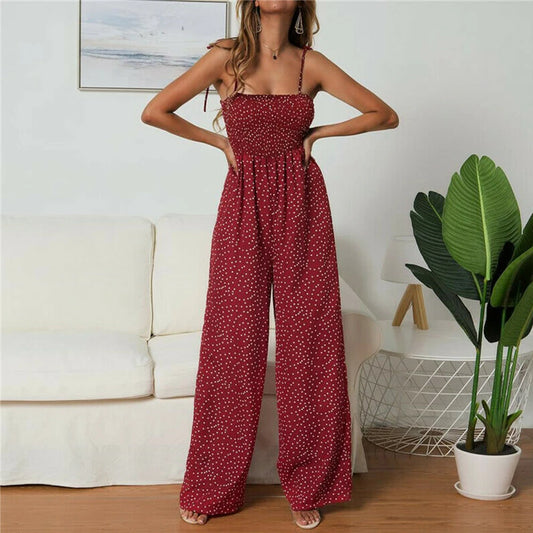 Damjumpsuit Ärmlös med Rosett – Rygglös, Vida Ben & Prickigt Sommarmönster