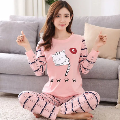 Dam Pyjamas Höst & Vinter – Långärmad Bomull, Söt Tecknad Design, 9 Färger M–XXL