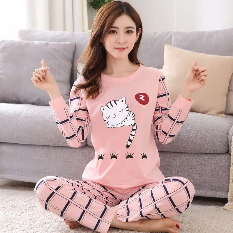 Dam Pyjamas Höst & Vinter – Långärmad Bomull, Söt Tecknad Design, 9 Färger M–XXL