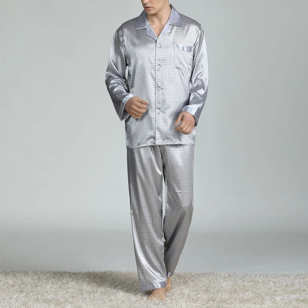 Pyjamasset herr med satinkänsla – långärmat med krage, G21090841, L–3XL