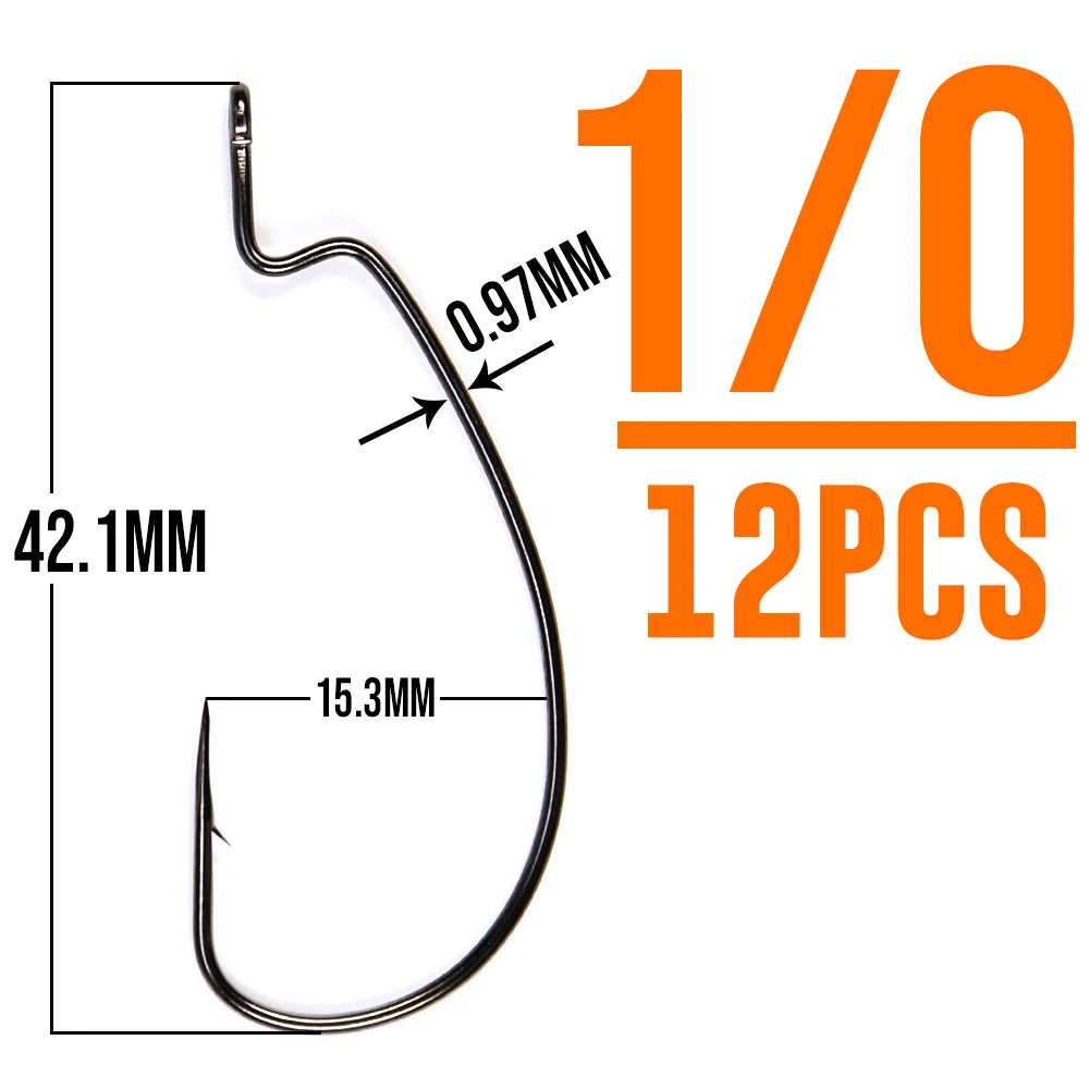 B&U Thin Wire Offset EWG Worm Hook with big rings Carbon Steel Crank Hooks Fishing Accessories For Soft lure tackle 12pcs