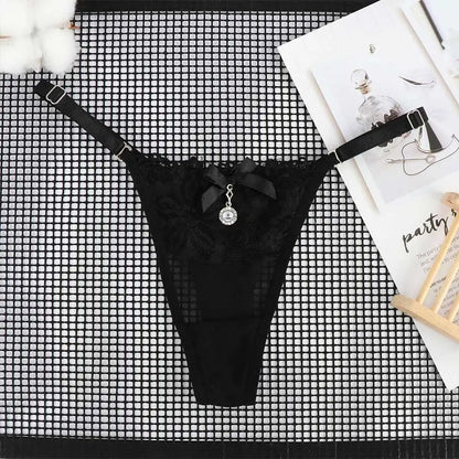 Women Lace Panties Thongs Pearl Pendant Lace Embroidery G-String T-Back Briefs Underwear Adjustable Ladies Panties Sexy Lingerie