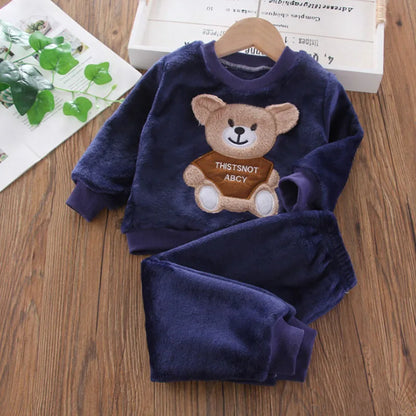 Baby & Barn Flanell Pyjamas Set – Tecknad Björn Fleece Mjuk Unisex Höst/Vinter Storlek 80–130 (1–6 år)