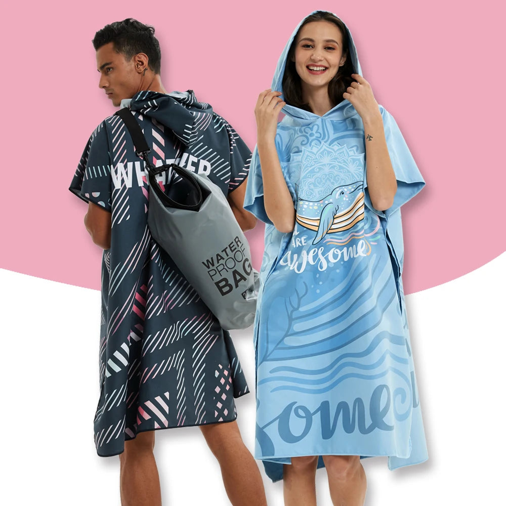 HOTMANGO Microfiber Poncho Towel Surf Beach Wetsuit Changing Towel Bath Robe with Hood,Watersports Activities,Adults Men Women
