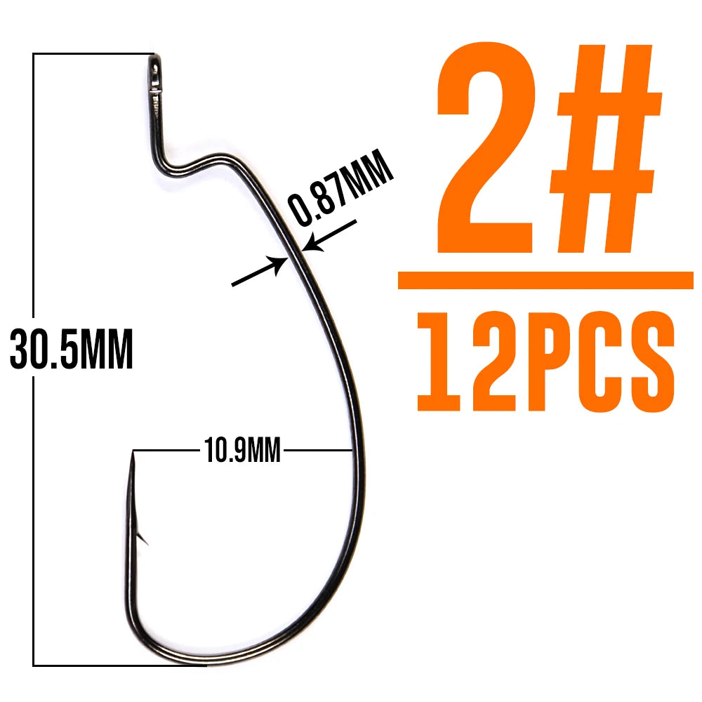 B&U Thin Wire Offset EWG Worm Hook with big rings Carbon Steel Crank Hooks Fishing Accessories For Soft lure tackle 12pcs