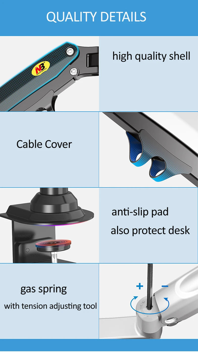 NB New H180 Full Motion 17'-27' Double Monitor Holder Gas Spring Arm LCD Mount Ergonomic Dual Arm Clamp Bracket 2-9kgs Each