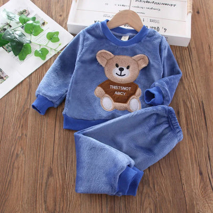 Baby & Barn Flanell Pyjamas Set – Tecknad Björn Fleece Mjuk Unisex Höst/Vinter Storlek 80–130 (1–6 år)